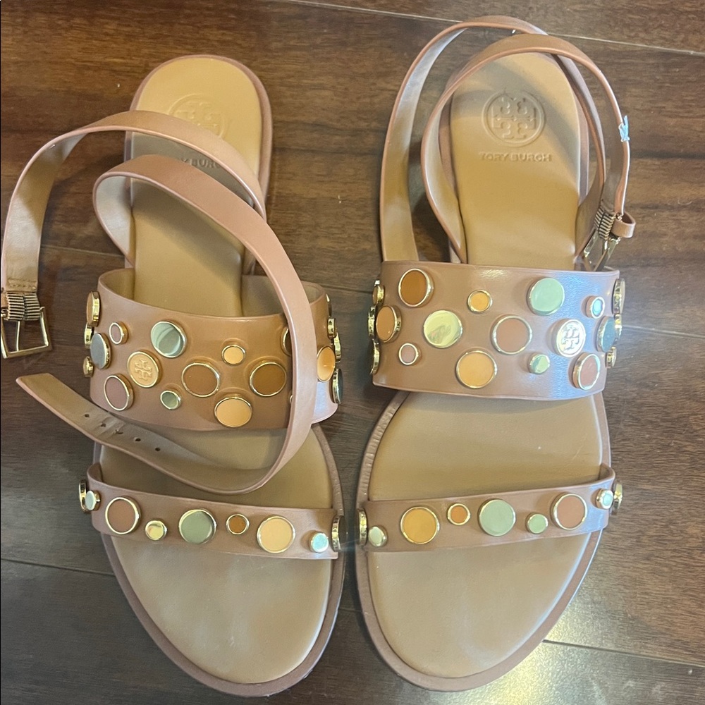 Tory Burch Tan Sandals with Gold and Silver Studs